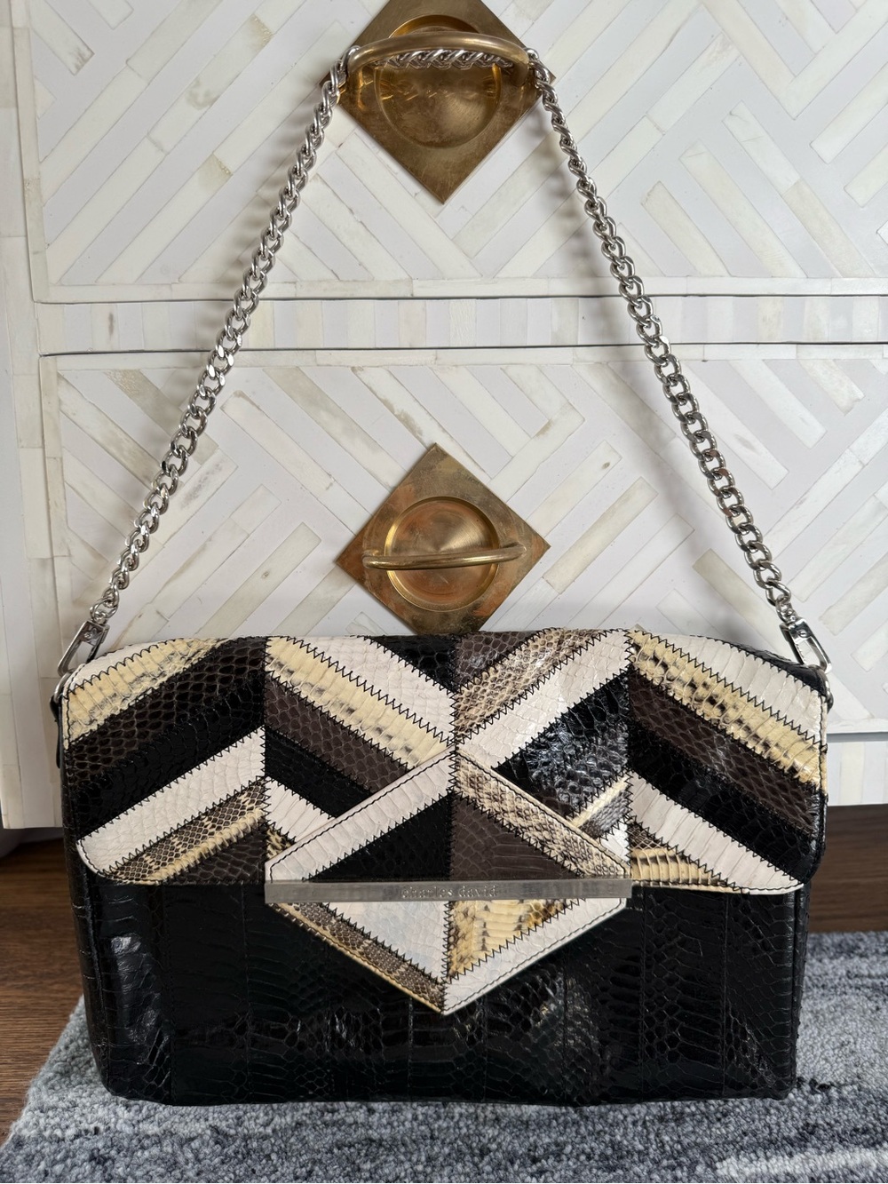 Vintage Charles David Black and Neutral Patchwork Chevron Shoulder Bag